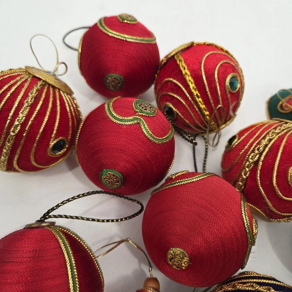 Vintage Large Blue Red Green Satin Gold Christmas Tree Ornament Ball Decoration